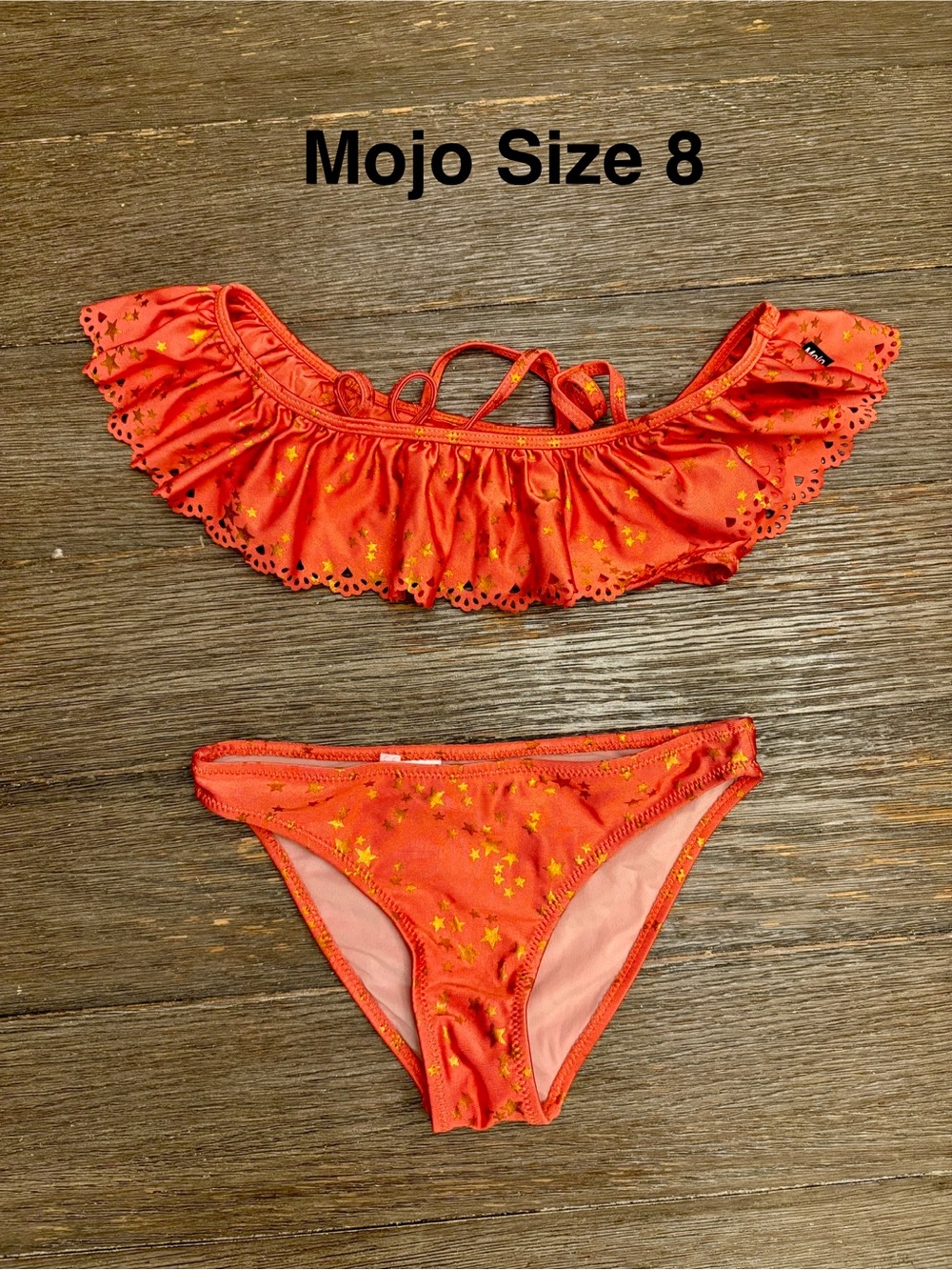 Girls Mojo Orange Ruffle Two-Piece Bikini with Gold Stars